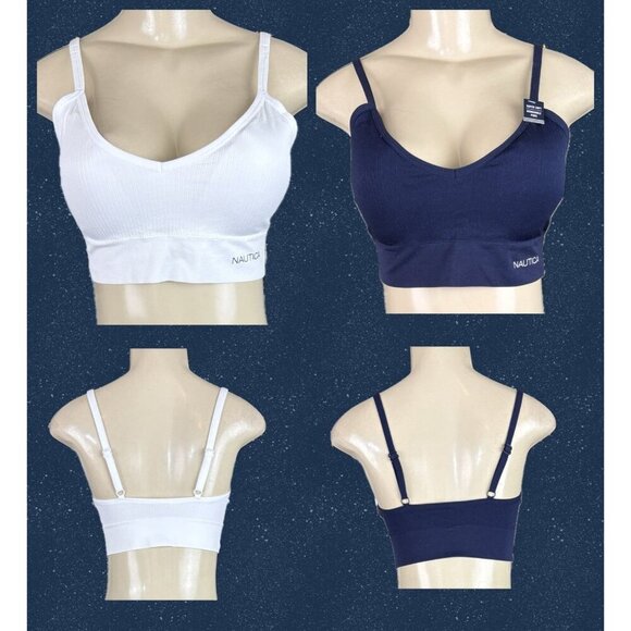 Nautica L Navy/White Ribbed V-Neck Removable Pads Seamless Super Soft Bra-2-Pk - Picture 1 of 10